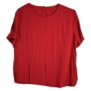Maycene Blouse L Womens Vintage Red Crew Neck Short Sleeve Button Closure